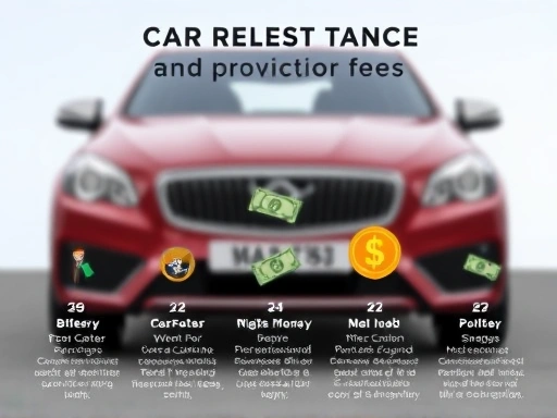 A detailed infographic illustrating various car-related taxes and registration fees, showing a car in the background and money symbols flowing into different tax categories.