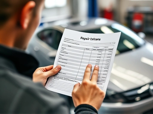 A person diligently reviewing a car repair estimate document at a mechanic's shop, with a car visible in the background, focusing on transparency and cost-saving. Minimal text visible.