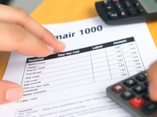 Close-up of hands pointing to specific line items on a detailed car repair estimate, highlighting parts cost (부품비) and labor cost (공임비), with a calculator nearby. Clear and readable text on the estimate.