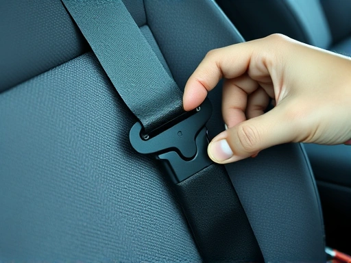 Close-up of a damaged or malfunctioning car seat belt buckle, showing a professional mechanic's hand inspecting it, highlighting safety and repair.