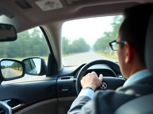 A driver in a modern car, looking at the side mirror with a clear, wide view of the road behind, illustrating proper mirror adjustment for blind spot reduction.