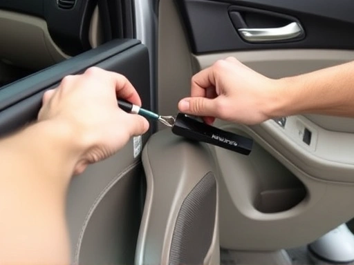 A detailed, hands-on shot of a person carefully using a panel removal tool to pry open a car door trim, revealing the internal components of a car door, emphasizing DIY car audio upgrade.