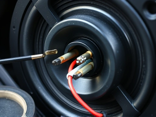Close-up view of a car speaker's wiring connections, showing distinct positive and negative terminals, with tools like wire strippers and electrical tape nearby, highlighting wiring precision.