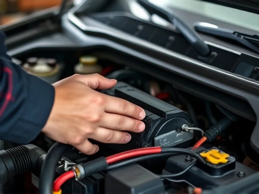 Close-up of a mechanic checking the starter motor or battery terminals in a car's engine bay, emphasizing emergency repair.