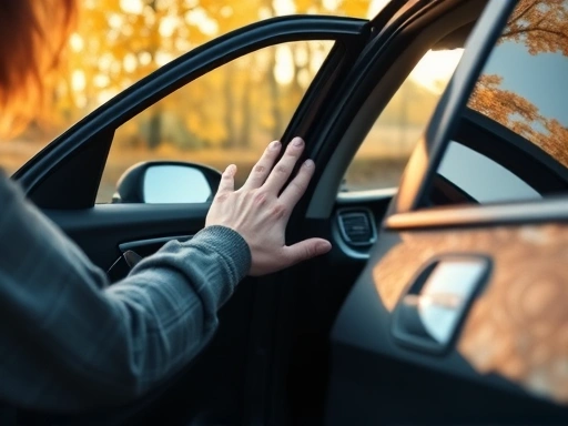 A person gracefully exiting a car in autumn, gently touching the metal frame to prevent static electricity, with warm autumn light and dry leaves in the background, showcasing comfort and safety.