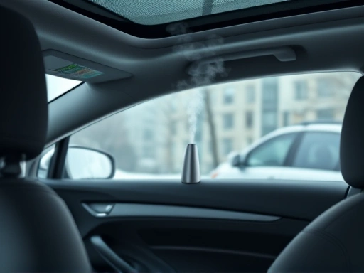 A modern car interior with a small, sleek mini humidifier emitting a fine mist, parked in a snowy winter landscape, emphasizing comfort and technology.