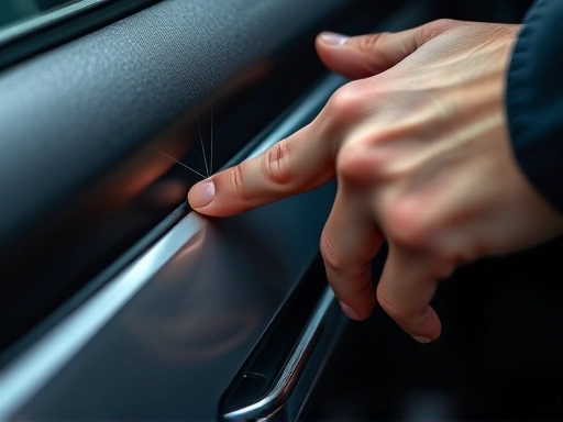 Close-up of a person's hand carefully touching the metal frame of a car door, just before exiting, with a slight, almost imperceptible static spark. Focus on the hand and metal.