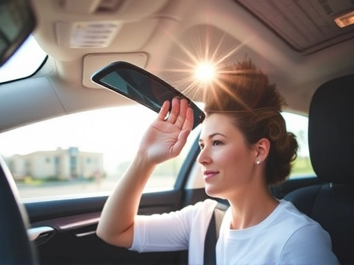 A person in a modern car, adjusting a car sun visor against bright sunlight, showing effective glare reduction and clear visibility, focusing on car interior details.