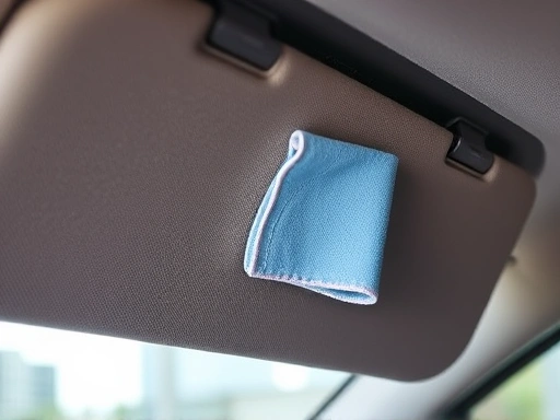 Close-up of a car sun visor, showing a clean, well-maintained fabric surface with a small microfiber cloth cleaning it, highlighting texture and cleanliness.