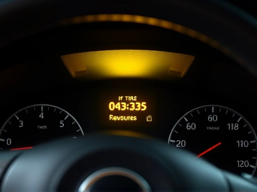 A car dashboard with a bright yellow tire pressure warning light illuminated, indicating low tire pressure or a sensor issue. The scene is inside a modern car, showing part of the steering wheel and instrument cluster clearly.