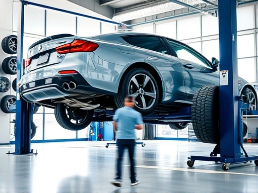 A car on a lift in a bright, clean garage, with a mechanic standing by tires, symbolizing effective vehicle maintenance and tire rotation. Focus on professional tools and organized environment, natural lighting.