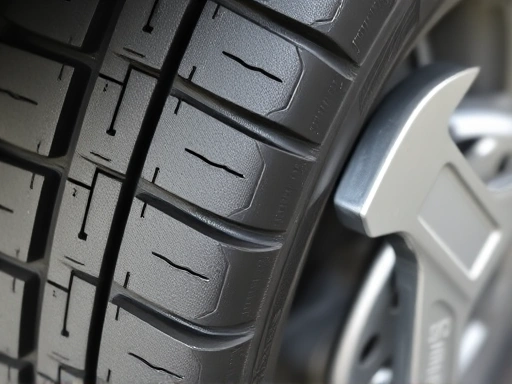 Close-up on a car tire tread, showing even wear across the surface, indicating proper maintenance like tire rotation. The tire has visible grooves and no signs of feathering or uneven wear, with a wrench nearby.