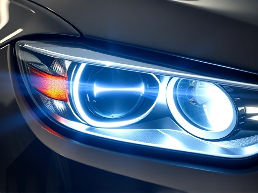 Close-up on a car's legal headlamp, emitting a compliant white light, illustrating attention to detail and adherence to safety regulations in automotive modification.