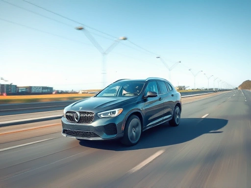 A modern car driving smoothly on a highway, with a subtle motion blur, depicting a comfortable and stable ride. Include elements like clear sky and road. (SEO keywords: car vibration, stable ride, automotive maintenance)