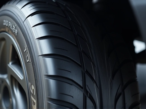 Close-up view of a car tire with visible tread, emphasizing the wheel and suspension components. Focus on tire integrity and wear patterns. (SEO keywords: car vibration diagnosis, tire balance, wheel alignment)