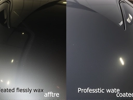 A close-up of a car's glossy surface, with a clear division showing one side freshly waxed and the other side professionally coated, emphasizing the visual difference in shine and water repellency.