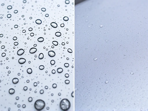 Detailed view of water beading effect on a coated car surface, showcasing small, perfectly round water droplets, while the other side shows flatter water film on a waxed surface.