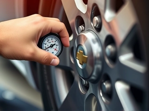 Close-up of a mechanic's hand checking a tire's air pressure gauge on a Chevrolet Malibu wheel, emphasizing precise maintenance and attention to detail for optimal fuel efficiency.