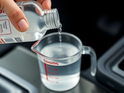 A close-up shot of hands carefully pouring isopropyl alcohol into a measuring cup for car washer fluid, highlighting precise measurements and the clear liquid's texture.