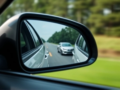 Close-up view of a car's side mirror, showing the reflection of a vehicle just entering or leaving the blind spot, highlighting the mirror's expanded field of view.