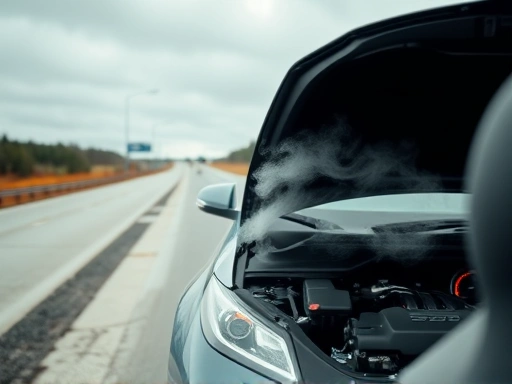 A car with its hood open on the side of a highway, steam rising from the engine, a red warning light on the dashboard, conveying urgency and a need for immediate action for engine overheating.