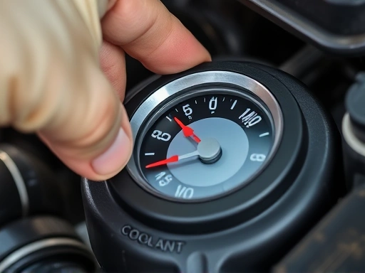 Close-up view of a car engine's coolant reservoir with clear MAX/MIN markings, showing a technician's hand safely checking the coolant level, emphasizing safe car maintenance for engine overheating.