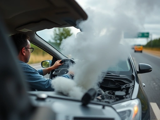 A bewildered driver looking at smoke billowing from the front hood of a broken-down car on the side of a highway, emphasizing panic and urgency for engine smoke emergency.