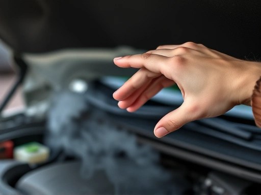 Close-up of a hand carefully opening a car hood with smoke gently rising, highlighting caution and the first step of inspection during an engine smoke situation.