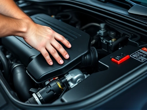 Close-up of a mechanic's hands performing a routine check on a Genesis G70 engine, highlighting specific components like the oil filter or battery, emphasizing car maintenance and care.