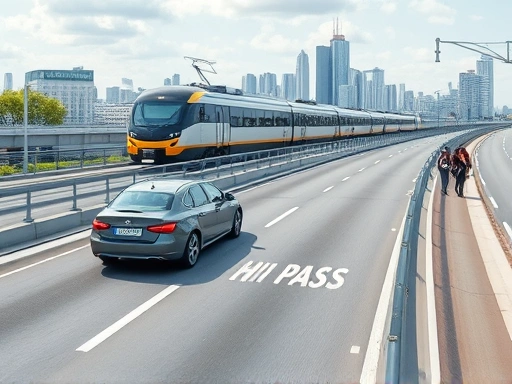 A car driving through a Hi-pass lane on a highway, with a train passing by on a bridge and people using public transport in a city background, symbolizing the different payment systems for transportation.