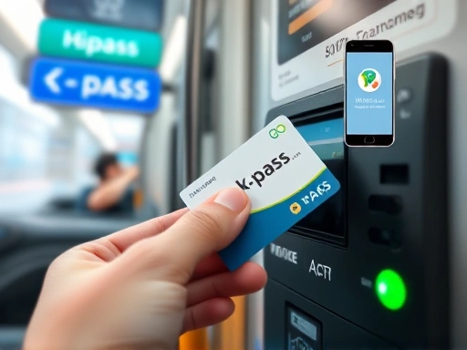 Close-up of a K-pass card being tapped on a public transportation terminal, with blurred images of a Hi-pass OBU in a car and a mobile payment app icon in the background, highlighting payment convenience.