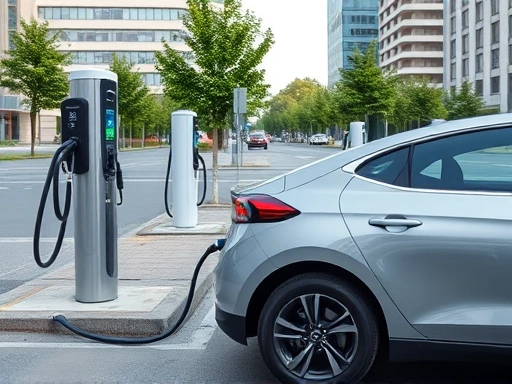 An Ioniq 5 electric car is charging at a public fast-charging station in a modern city, with diverse charging options visible in the background, implying robust infrastructure.