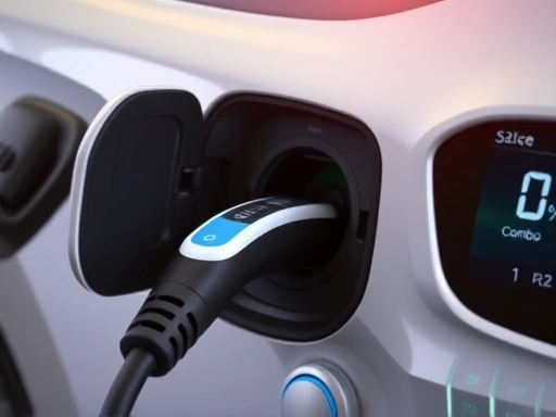 A close-up shot of an Ioniq 5 charging port connected to a cable, showing the CCS Combo 1 connector, with a dashboard display indicating charging status and battery percentage.