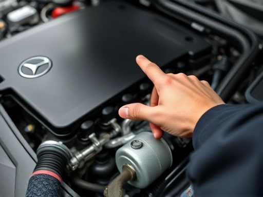 A close-up shot of a mechanic's hand pointing at a specific engine component in a Mercedes-Benz C-Class, highlighting potential oil leaks or worn parts, with tools and engine parts slightly blurred in the background, showing detailed engine inspection.