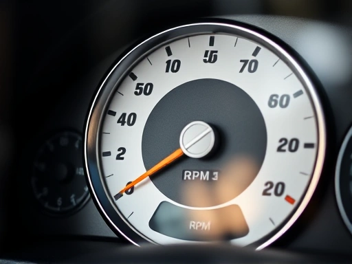 Close-up of a car dashboard showing a speedometer and tachometer, with the needle hovering in an optimal RPM range, indicating careful driving during break-in period.