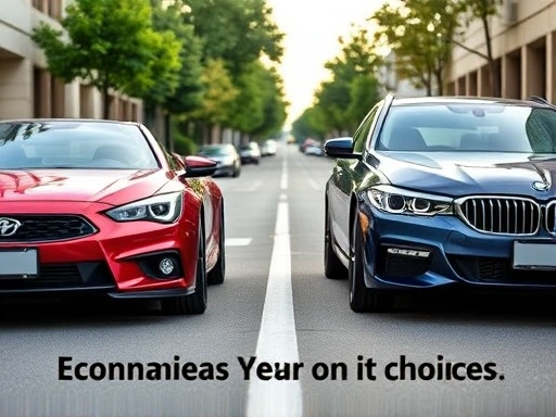 A side-by-side comparison of a shiny new car and a well-maintained used car on a modern street, highlighting economic choices.