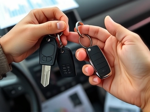 A close-up shot of hands holding car keys, one set for a new car and another for a used car, against a background of blurred financial documents and a car dashboard.
