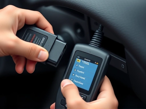 A close-up shot of a hand connecting an OBD-II scanner to a car's port under the dashboard, with the scanner screen showing options related to TPMS reset or tire pressure monitoring.