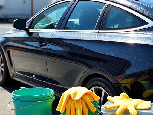 A meticulously clean car, sparkling under the sunlight after a detailed self-wash, showcasing the results of proper car care. Include various self-wash items like buckets and mitts in the foreground.