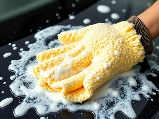 Close-up view of a car wash mitt covered in rich car shampoo foam, gently cleaning a car's surface. Emphasize the texture of the foam and the microfiber mitt for detailing.