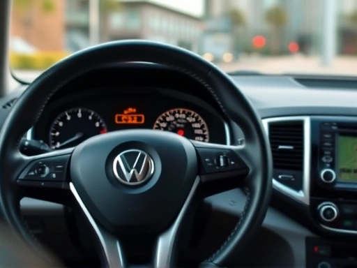 A modern car's dashboard and steering wheel, with subtle vibrations indicated by motion blur, highlighting driver's concern and the need for diagnosis, focusing on safety.