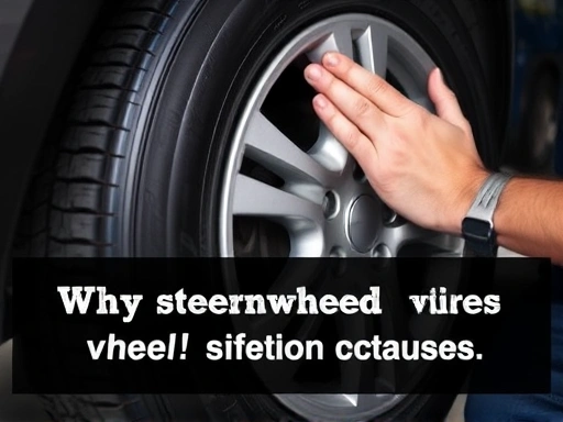 A close-up view of a car's wheel and tire, with a mechanic inspecting the tire for wear and imbalances, emphasizing the technical aspect of diagnosing steering wheel vibration causes.