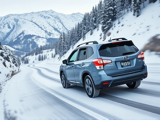 A Subaru Forester with its symmetrical AWD system highlighted, driving confidently through a snowy mountain pass, conveying stability and control. Focus on the vehicle and environment.