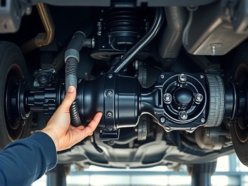 Close-up of a car's undercarriage showing the differential and driveshaft components of an AWD system, with hands performing maintenance checks, emphasizing precision and technical details.