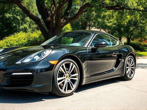 A sleek, glossy black car parked under a shady tree on a bright summer day, with strong sunlight reflecting off its perfectly protected paint, highlighting its shine and depth.