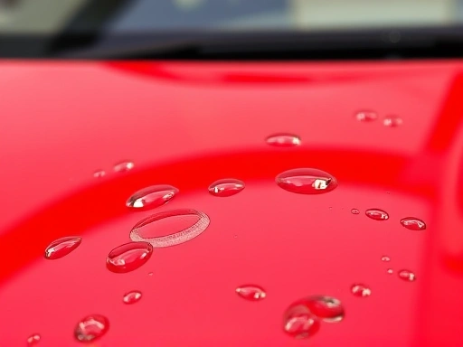 Close-up view of a car's paint surface, showing water beading perfectly on a ceramic-coated finish, emphasizing the protective layer against summer heat and UV rays.