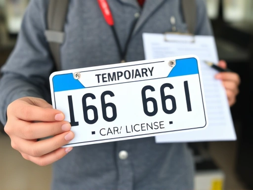 A person holding a new temporary car license plate, standing in front of a car registration office, with a checklist and pen in hand, symbolizing successful issuance.