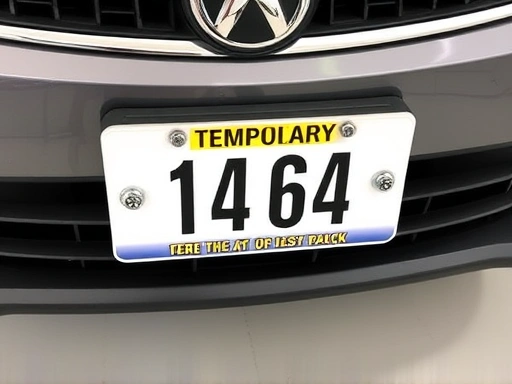 Close-up of a temporary car license plate being securely attached to the front bumper of a new car, with a clear view of the temporary number and mounting bolts.