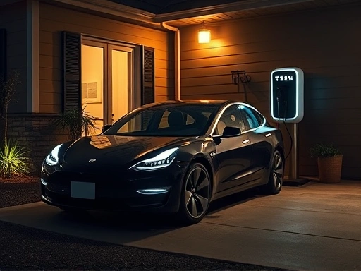 A futuristic Tesla Model 3 charging at a home charging station at night, with glowing cables and a comfortable domestic setting, emphasizing convenience and efficiency for EV owners.