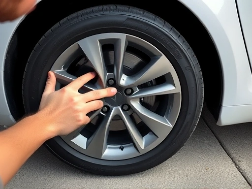 Close-up view of a Tesla Model 3's tire being checked for air pressure by an owner, highlighting the detailed maintenance tips and practical EV car care for longevity.